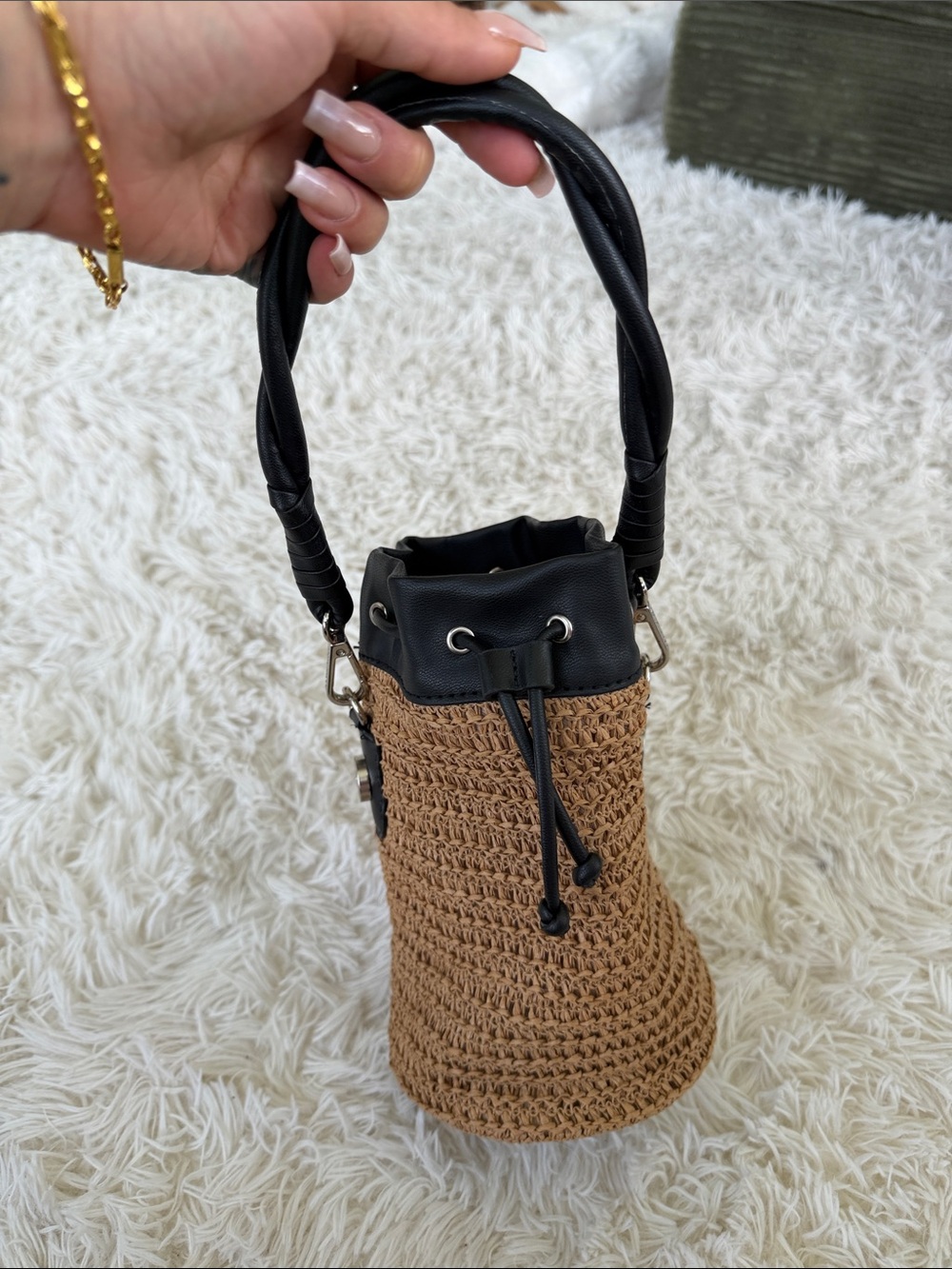 Woven Straw Bucket Bag with Black Trim